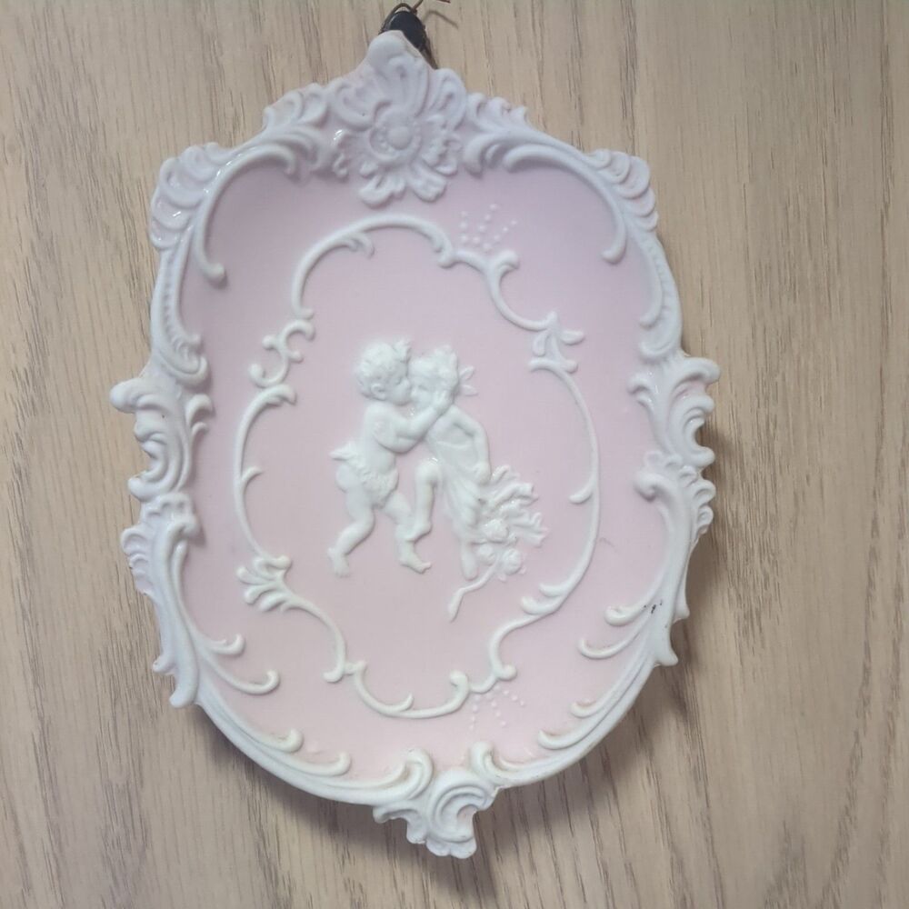 VTG 1960's Pink Arnart Jasperware Bisque Wall Wall Plaque Cherubs Angels Japan